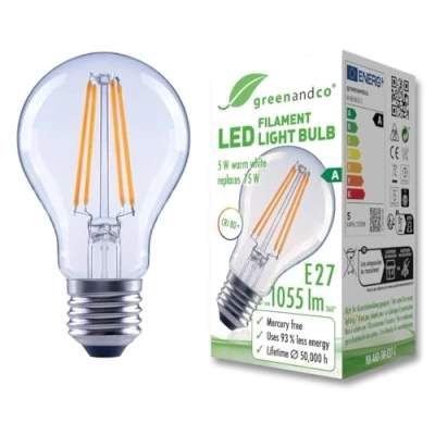 Afbeelding van greenandco Led gloeidraadlamp, transparant, E27 A60, 5 W, 1055 lm, vervangt 75 2700 K warmwit, 320 graden, 230 V, flikkervrij, energie efficiëntieklasse A, intensiteit niet