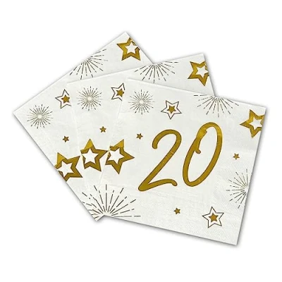 Afbeelding van Tralala Fêtes® 16 servetten voor de 20e verjaardag wegwerpservetten van papier, 3 lagen, feestelijke decoratie, wit en goud (goud), 33 x cm opengeklapt (20 jaar)