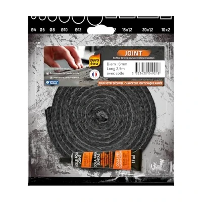 Image de pyrofeu Pyro Feu Joint réfractaire 6 mm x 2,5 m + Tube de Colle, Fibre Vinyle, Noir