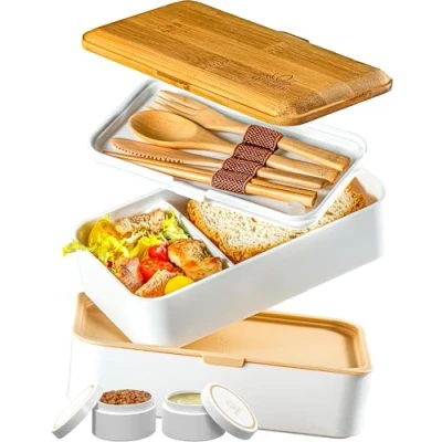 Image de Umami bento Lunch Box, 2 sauspotjes &amp; inbegrepen houten bestek, magnetronbestendige lunchbox, lunchbox voor volwassenen, met vakverdeling, box