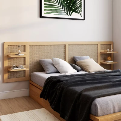 Image de Tête de lit suspendue EDHEN 240 cm cannage et bois avec étagères