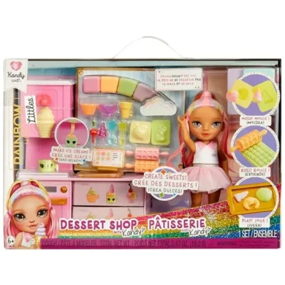 Afbeelding van Rainbow High Littles Dessert Shop met Kandy Box levering een kleine roze pop van 14 cm, bereiding ijs en snoep, kinderen vanaf 4 jaar