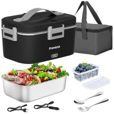 Afbeelding van Primizia Elektrische lunchbox, voedselwarmer, 75 W/12 V/24 V/220 V, 1,8 l, draagbaar, roestvrij staal 304, zwart