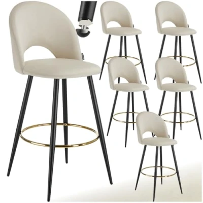 Afbeelding van tectake® Set van 6 Barkrukken Sachel Gestoffeerde Barkruk met rugleuning Barstoelen Ergonomische Barstoel voetensteun Eetkamerstoel fluweellook bekleding Stevige stalen poten antislip vloerbescherming Crème/Zwart
