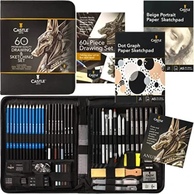 Afbeelding van Castle Art Supplies 60 delige teken en schetsset, potloden, grafietstokken, houtskool, pastel oplosbaar in water, fijne viltstiften, voor professionals kunstenaars volwassenen, draagtas met