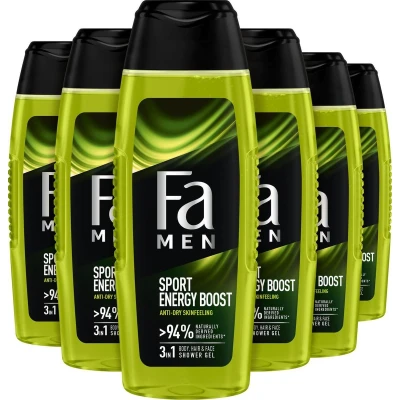 Afbeelding van 6x Fa Men Douchegel en Shampoo Sport Energy Boost 250 ml