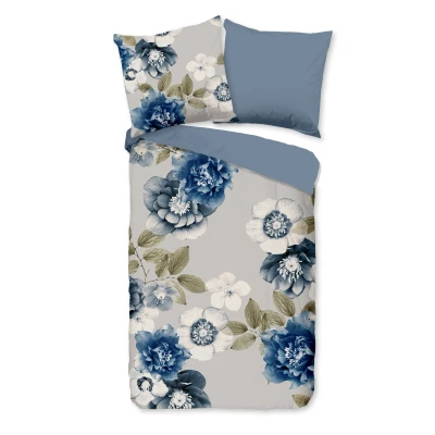 Afbeelding van Flanellen Dekbedovertrek 200x200 cm Bloemenprint Blauw/Grijs 2 Persoons 100% Katoen Flanel