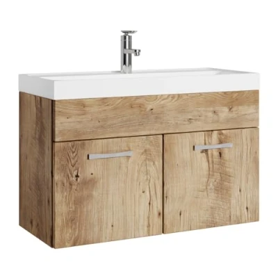 Afbeelding van Badplaats Badkamermeubel Set Paso 01 80 cm Kastanje Eiken Badmeubel met Wastafel
