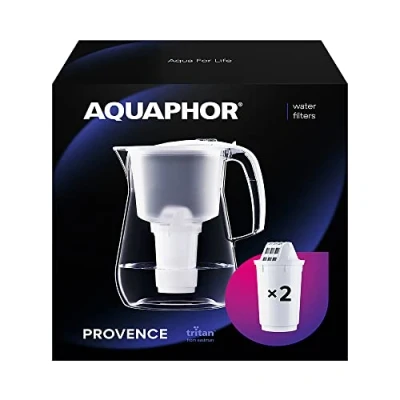 Afbeelding van AQUAPHOR Provence waterfilter wit met 2 A5 filters, karaf voor 4,2 liter, groot in glas look, vermindert kalk en chloor, tafelwaterfilter, elegante container, perfect