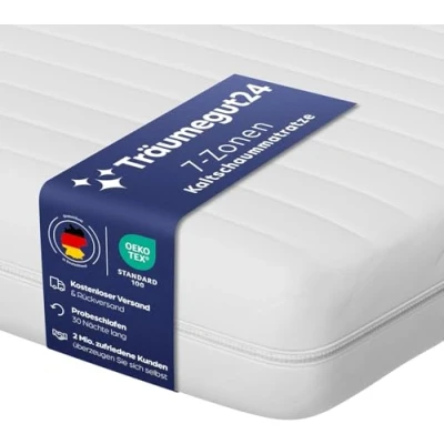 Afbeelding van Träumegut24 AquaFlex 7 zone matras 160x200 cm H2&amp;H3 Ergonomisch koudschuim Hypoallergeen &amp; antibacterieel Hoes afneembaar wasbaar Oeko TEX® (12cm, 160 x 200 cm)