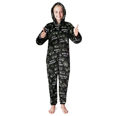 Afbeelding van CityComfort Pyjamaset voor kinderen, onesie, pyjama overall van fleece, pyjamapak, jongens, meisjes, tieners, gamers, heel zacht flanel, 7 14 jaar, zwart.