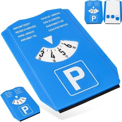 Afbeelding van Set van 2 parkeerschijven Met ijskrabber blauw acht talen 3 winkelwagenchips Voor auto, vrachtwagen, camper, parkeerschijf Schijf