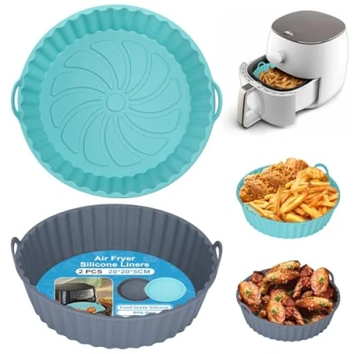 Afbeelding van Alyvisun 2 stuks herbruikbare siliconen voering voor airfryer, multifunctionele ronde pads magnetron, oven, grijs + blauw
