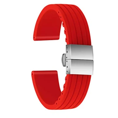 Afbeelding van ULLCHRO Horlogeband, hoge kwaliteit, vervanging van siliconen, armband, strepenpatroon, 16 mm, 18 20 22 24 rubberen horlogeband met vouwsluiting roestvrij staal, Rood, Armband