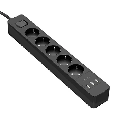 Afbeelding van KabelDirekt Stekkerdoos (5 stopcontacten, 3 USB opladers, max. 4,8 A, belasting stekkerdoos, 4000 W, 250 V, 16 GS en TÜV gecertificeerd, kinderbeveiliging, overspanningsbeveiliging)
