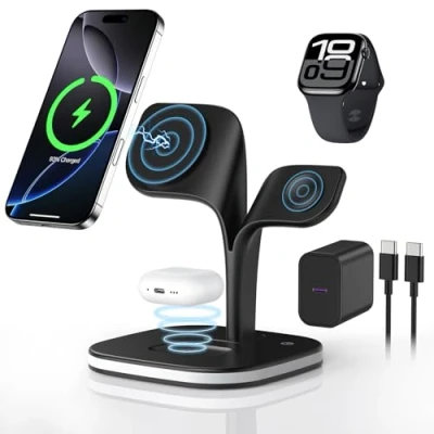 Afbeelding van 3 in 1 draadloos laadstation voor MagSafe, magnetische draadloze oplader Apple iPhone 16/15/14/13/12 serie, AirPods Pro 4/3/2, Watch Series/Ultra