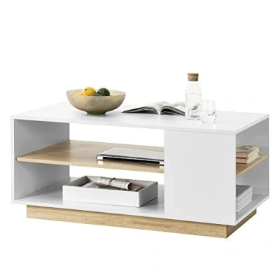 Image de Table Basse Rectangulaire pour Salon Meuble Stylé avec Étagère de Stockage en Panneau Particules Mélaminé 46 x 100 60 cm Blanc Chêne [en.casa]
