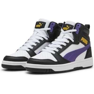 Afbeelding van PUMA Rebound V6 Mid Jr Sneakers voor kinderen, uniseks, Wit Team Paars Zwart