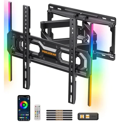 Afbeelding van Perlegear TV muurbeugel met ledverlichting voor tv&#039;s van 26 tot 65 inch 45 kg, VESA Max 400 x mm, draaibaar, uitbreiding, kanteling en muziekachtergrondverlichting, PGMF20