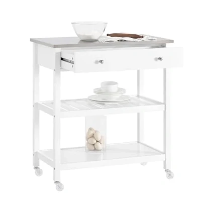 Afbeelding van SoBuy FKW47 W Keukentrolley met roestvrij stalen plaat gangkast sideboard bijzettafel 2 laden en planken 100x45x92cm