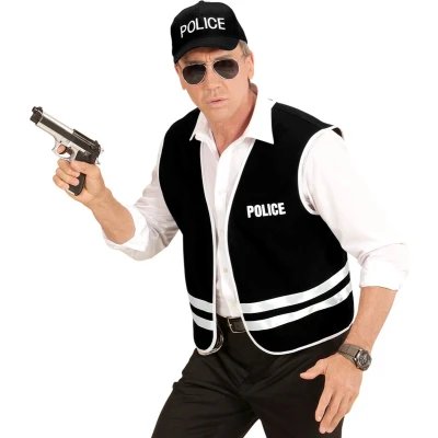 Afbeelding van Widmann Politie &amp; Detective Kostuum Zwart Politievest Met Cap Volwassen Medium / Large Carnavalskleding Verkleedkleding