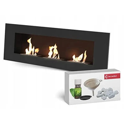 Afbeelding van KRATKI Delta 3 bio ethanolhaard + kiezelstenen trechter aromatherapieset wandmontage of nis olie beglazing, container 0,6 l TÜV staal 40 x 120 cm zwart