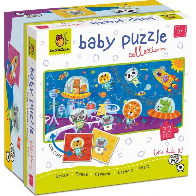 Afbeelding van Ludattica DUDÙ Puzzels: BABY puzzel RUIMTE, 18x18x10cm, 8 dubbelzijdige puzzels van 4 stukjes (16x16cm) vormen op de achterkant een 32 stukjes, 2+