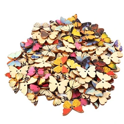 Afbeelding van 100 stuks houten vlinders, knopen, 21 x 27 mm, gemengde kleuren van hout, voor doe het zelf, naaifront, decoratie, creatieve vrije tijd, fournituren