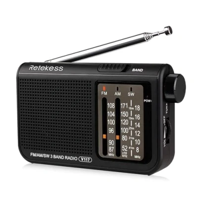 Afbeelding van Retekess V117 Draagbare radio, FM radio AM SW, werkt op batterijen, vintage transistor, antenne, hoofdtelefoonaansluiting, survival, badkamer, keuken, kerstcadeau (zwart)