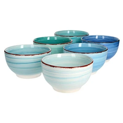 Afbeelding van MamboCat Blue Baita Set van 6 mueslikommen, blauw, robuuste aardewerken kommen voor personen, mueslikom en bijgerechtenschaal met modern rodelpatroon, blauwe mueslikom, 650 ml, stuks