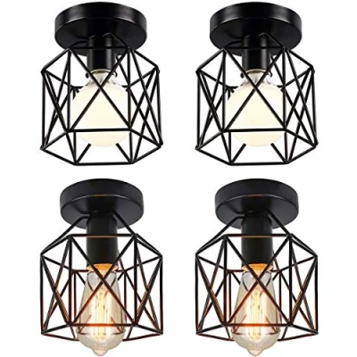 Afbeelding van iDEGU Set van 4 industriële plafondlampen, 15 cm, kroonluchter, smeedijzer, zwart, kooi, hanglamp, voor slaapkamer, entree, café, bar (4 stuks)