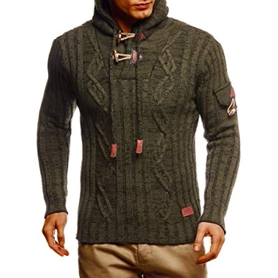 Afbeelding van Leif Nelson LN5400 Herentrui met capuchon, slim fit, zwart, wintertrui lange mouwen, Khaki/Zwart