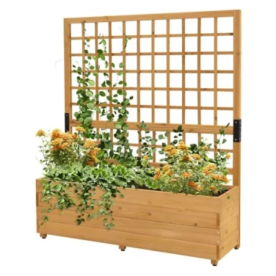Afbeelding van ML Design Bloembak met rankrooster, 119,5 x 139 36,5 cm, bruin, van sparrenhout, bak afneembare bodem en in hoogte verstelbare schroefpoten, voor bloemen klimplanten, balkon, terras