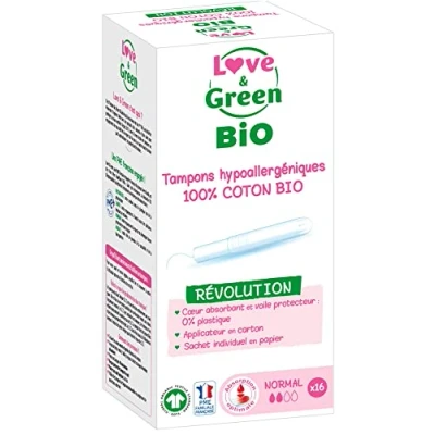 Afbeelding van Love &amp; Green Hypoallergene 100% Biologische Katoenen Tampons 16 Regelmatige met Applicator