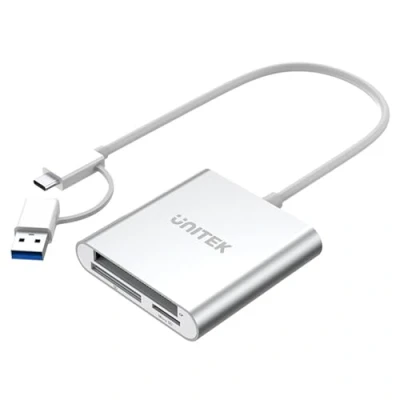 Afbeelding van UNITEK Alles in één kaartlezer USB 3.0 + C adapter, 5 Gbit/s, 3 sleuven voor SD/Mini SD/Micro SD (TF)/CompactFlash (CF)/MS Windows PC, Mac, Notebook en tv, zilver, aluminium