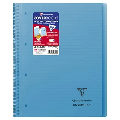 Afbeelding van Clairefontaine 596802C Blauw Koverbook Spiraal Notitieboek, A4+, 22,5 x 29,7 cm, 160 afneembare pagina&#039;s, gelinieerd, met marge, wit papier, 90 g, omslag van polypropyleen