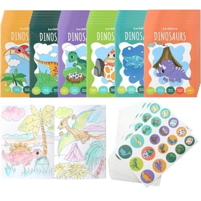 Afbeelding van THE TWIDDLERS Set van 36 mini kleurboeken voor feesttassen, met stickers, dinosaurus thema, boeken in A6 formaat kinderen 4 tot 8 jaar, kleine kleurboeken, perfect