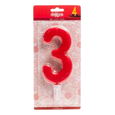 Afbeelding van Dekora 345280 reuze verjaardagskaars nummer 3, rood, 15 cm
