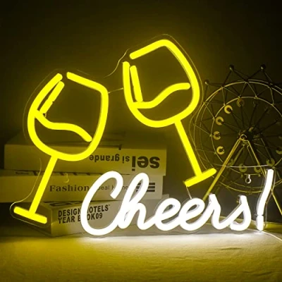 Afbeelding van Geel Wit Wijn Glas neon Licht Proost Woorden Tekenen Groter Acryl Nachtlampje USB Aangedreven Lichten voor bar Bier Cocktail Winkel Eetkamer Thuis Verjaardagsfeestje Muur Decor
