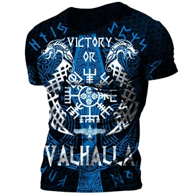 Afbeelding van PERSIMONE Viking Odin 3D digitale print retro casual T shirt ronde hals korte mouwen, #4