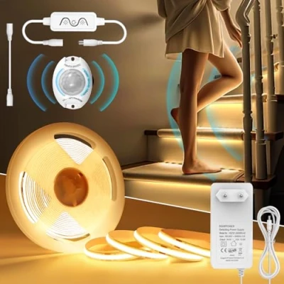 Afbeelding van COB Ledstrip, 3 m, met bewegingsmelder, warmwit, dimbaar, 3000 K, led lichtstrip, zelfklevend, waterdicht, IP44, ledstrip voeding voor kasten, keuken, doe het zelf, trappen