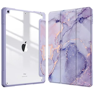 Afbeelding van Fintie Hybride hoes voor 10,2 inch iPad 9. generatie 2021/8. Gen 2020/7. 2019 met penhouder, stootvaste beschermhoes transparante harde schaal op de achterkant, paars marmer