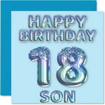 Afbeelding van Verjaardagskaart voor zoon 18 jaar, blauwe glitterballonnen, verjaardagskaarten jarige van mama en papa, 145 mm x