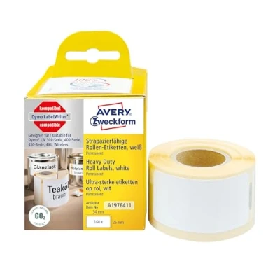 Afbeelding van Avery Zweckform Rol met etiketten Compatibel vervangt DYMO 1976411 25 x 54 mm Folie Wit 160 stuk(s) Permanent hechtend Universele A1976411