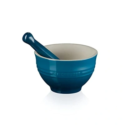 Afbeelding van Le Creuset Aardewerken Vijzel En Stamper In Deep Teal 11,5cm 0,3l