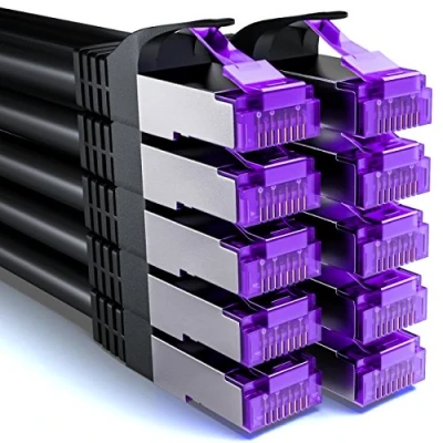 Afbeelding van DeleyCON 10 x 1 m RJ45 aansluitkabelset ethernetkabel netwerkkabel met ruwe kabel CAT7 S FTP PiMF afscherming Gigabit LAN SFTP koper DSL Switch Router Patchpaneel zwart