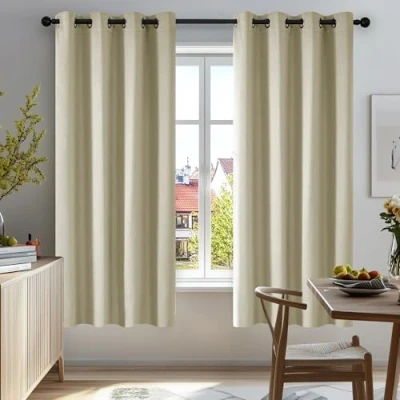 Afbeelding van Deconovo Warmte isolerende verduisteringsgordijnen, modern design met oogjes, gordijnen voor woonkamer en slaapkamer, 140 x 175 cm (breedte hoogte), donkerbeige, 2 stuks
