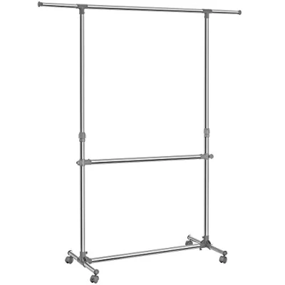Afbeelding van SONGMICS Staand 2 Laags Kledingrek, in Hoogte en Breedte Verstelbaar Kleding Opbergrek met Wielen Verrijdbaar Rek Stangen Materiaal: RVS Afm. 166 x 49 198 Cm.