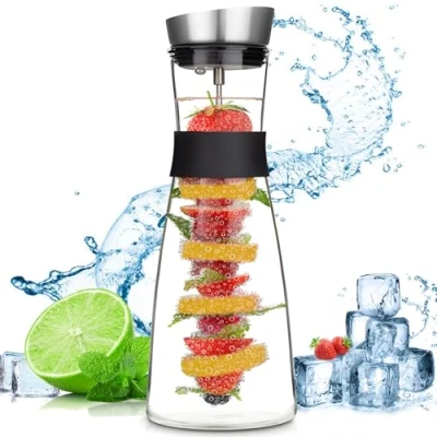 Afbeelding van ZHHGOO glazen karaf, 1,5 liter waterkan met deksel van roestvrij staal, kan fruitspies, voor ijsthee, drank, huis, melk, koffie, wijn serveren