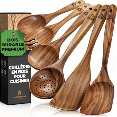 Afbeelding van houten lepels om te koken Teakhouten keukengerei Hittebestendige lepelsets Comfortabele grip non stick kookgerei 6 stuks gebruiksvoorwerpen sets